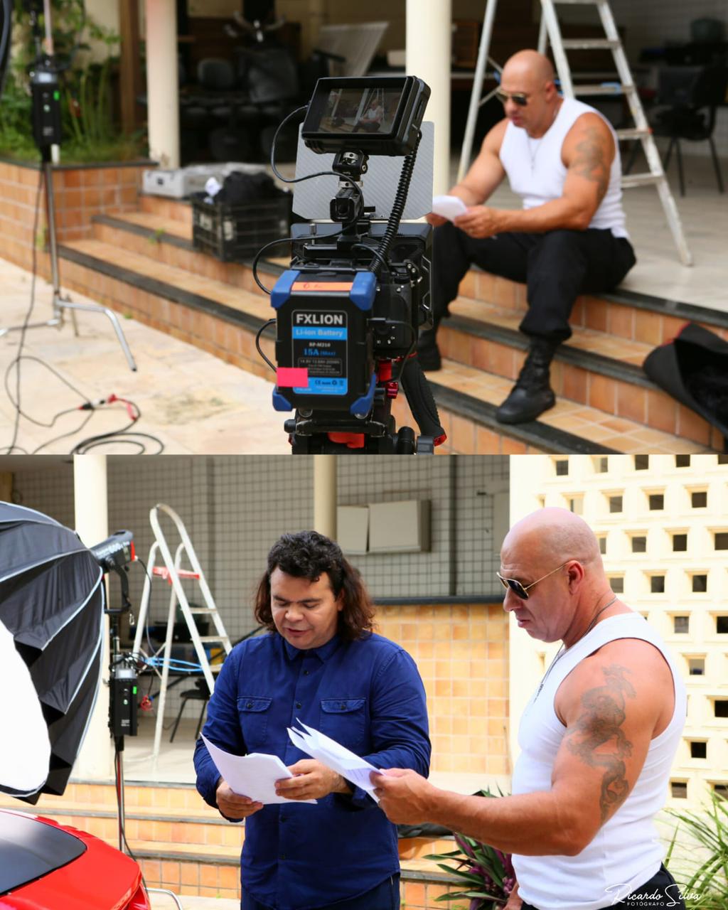 Bastidores de gravação profissional do Vin Diesel Brasileiro com câmera de cinema