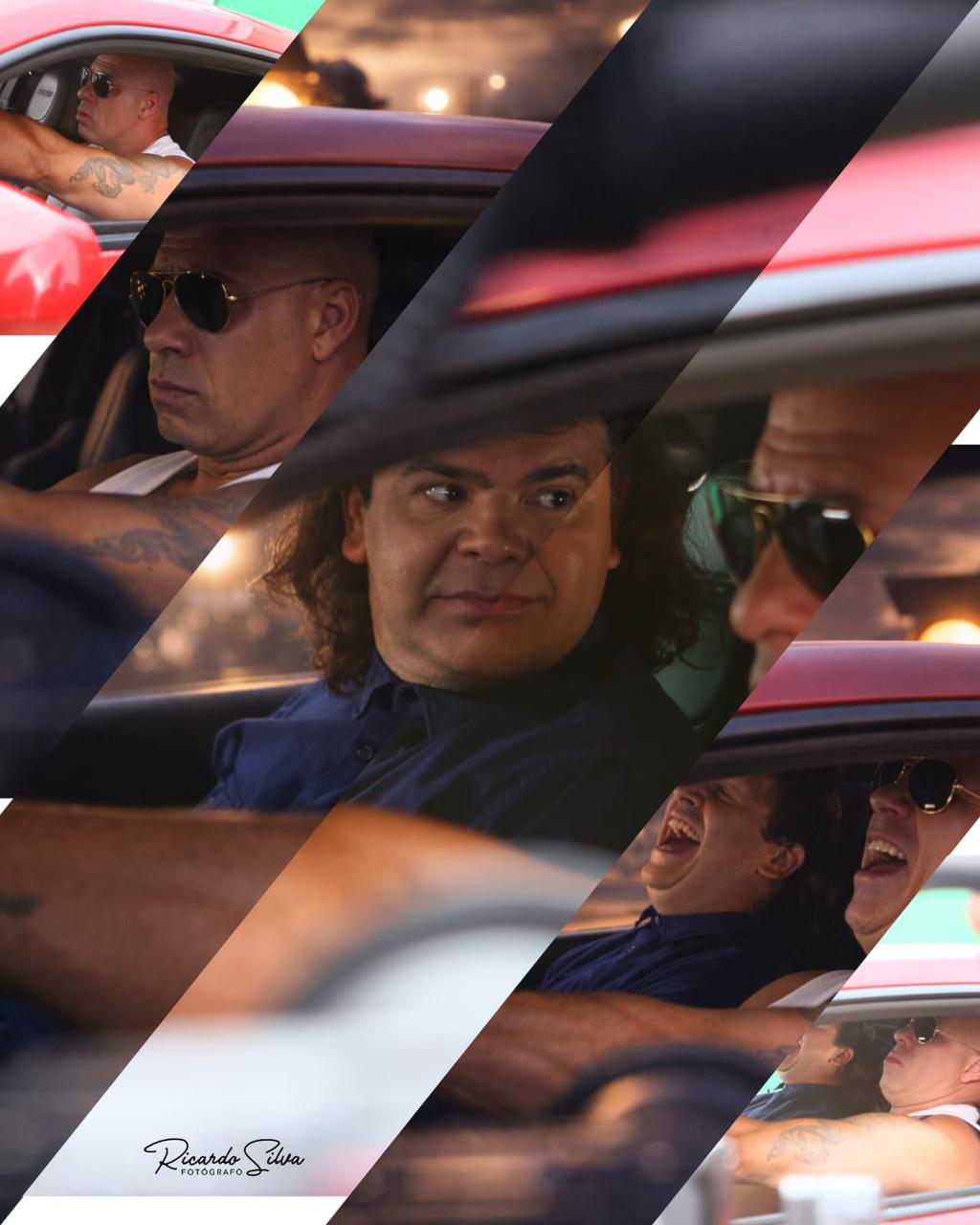 Vin Diesel Brasileiro dirigindo carro esportivo vermelho em ensaio estilo Velozes e Furiosos