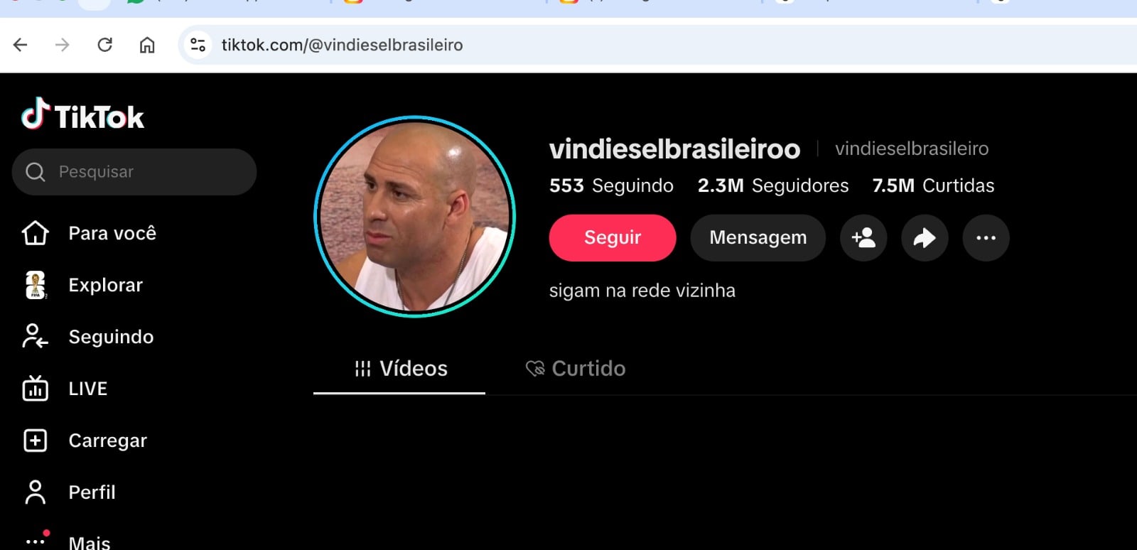 Perfil do Vin Diesel Brasileiro no TikTok com 2,3 milhões de seguidores